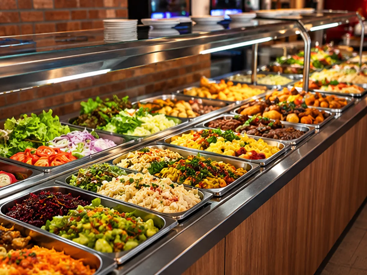 Buffet com variedade de pratos e saladas